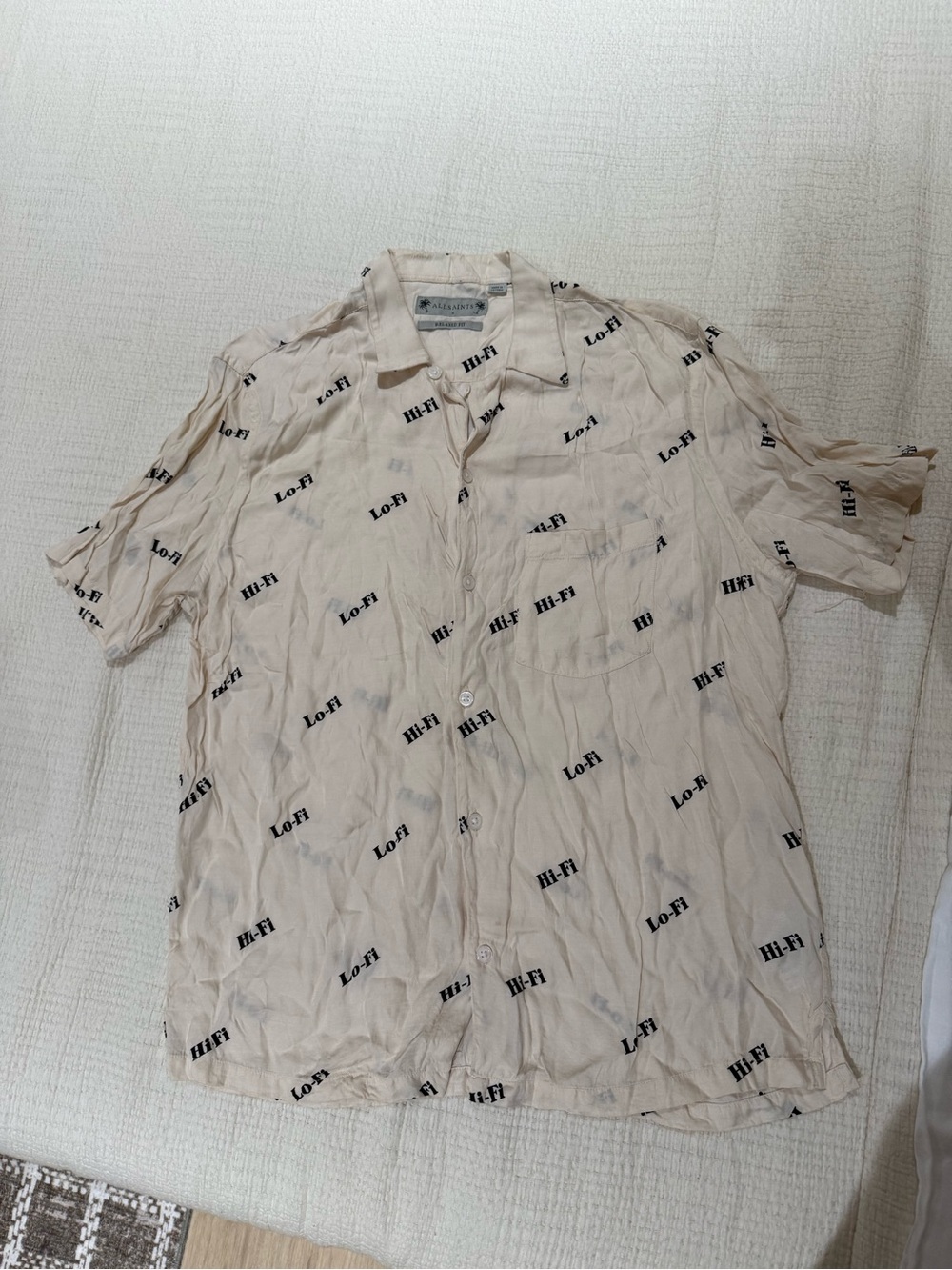 All Saints Cream Button-Down Shirt with Black 'Lo-Fi' Print